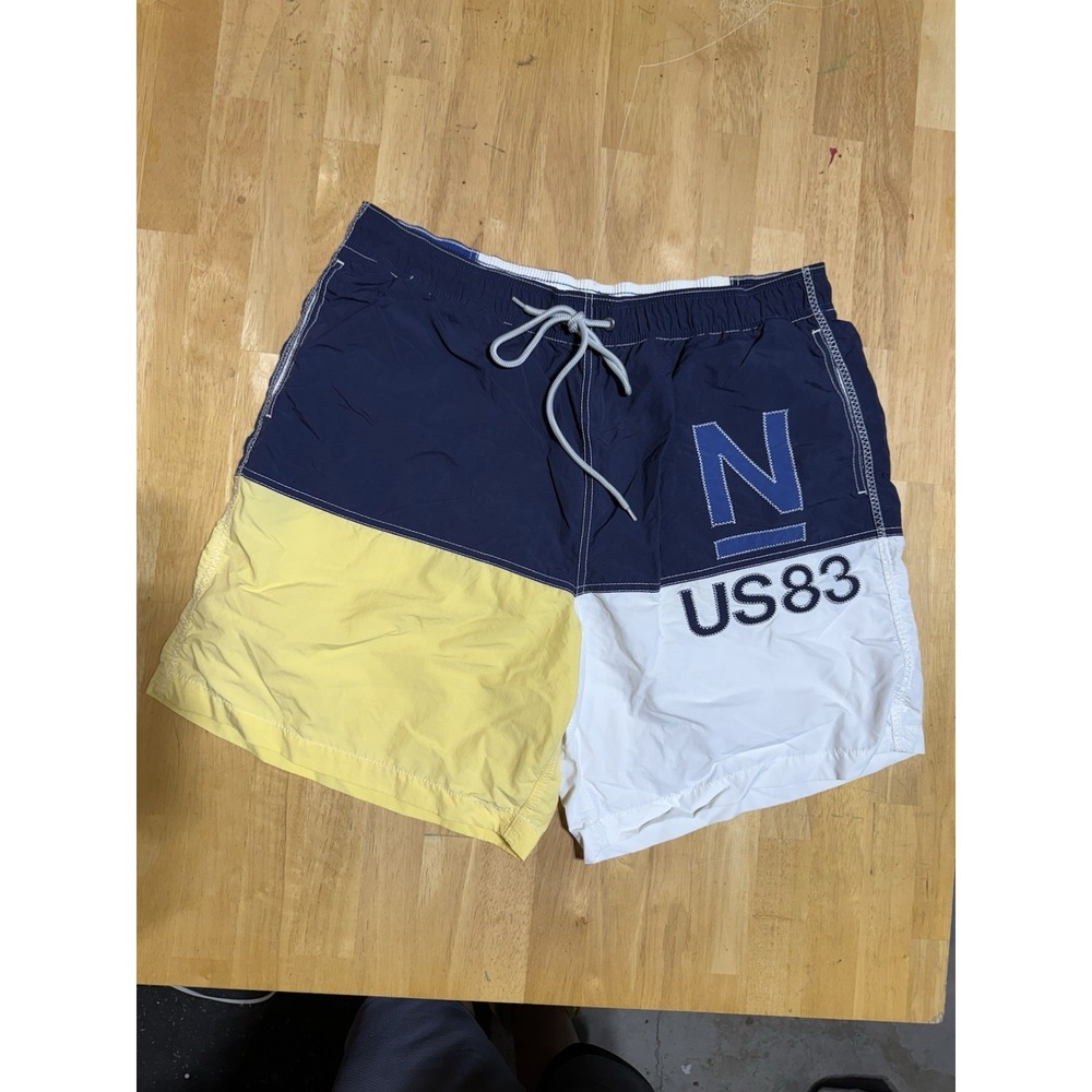 VTG 90s Y2K Nautica Men's XL Swim Trunks Board Shorts Yellow Navy White Striped